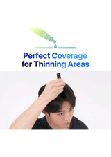 Person styling hair with text 'Perfect Coverage for Thinning Areas' on a white background
