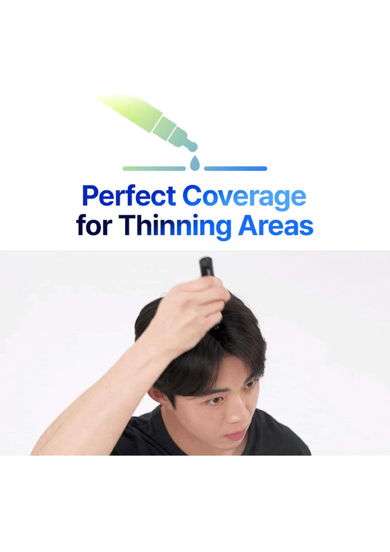 Person styling hair with text 'Perfect Coverage for Thinning Areas' on a white background