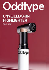 Oddtype Unveiled Skin Highlighter with packaging on a red background