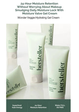 Hersteller skincare products with text highlighting moisture retention and ingredients.