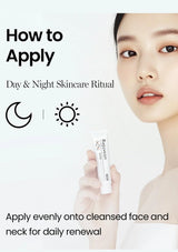 Person holding a skincare product with text on how to apply day and night skincare ritual.