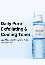 Medicube Daily Pore Exfoliating & Cooling Toner bottle on a light blue background