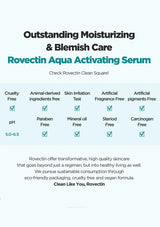 Rovectin Aqua Activating Serum product information sheet with checkmarks and text on a white background.