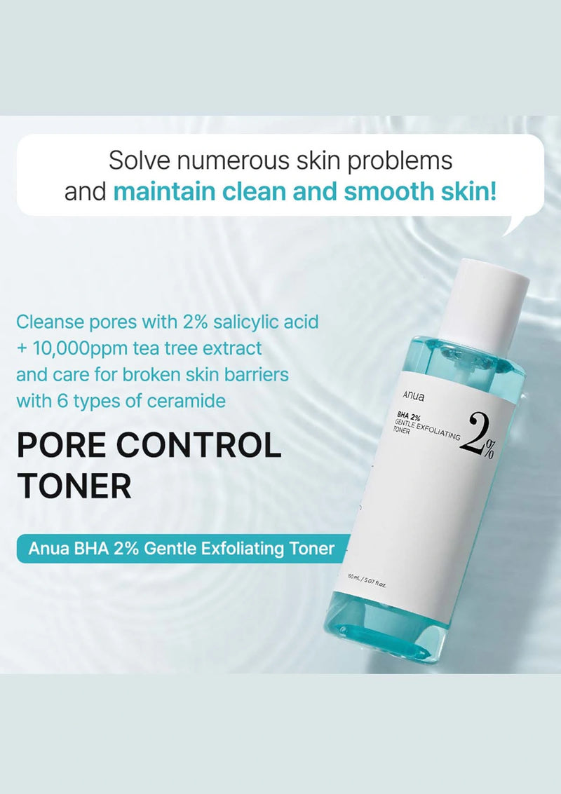 Anua BHA 2% Gentle Exfoliating Toner bottle with product description on a light blue background