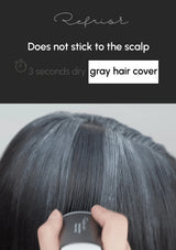 Gray hair cover product being applied to hair with text indicating it does not stick to the scalp.