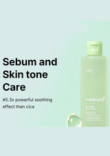 Green bottle of medicube skincare product on a light green background with text about sebum and skin tone care.