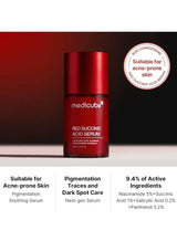 Red succinic acid serum bottle with product details on a red and white background