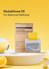 Lyuh Esther Glutathione Direct 5X skincare product shown with its box and a clear jar containing a yellow gel, set on a white pedestal against a bright yellow background with text reading 'Glutathione 5X For Balanced Wellness'.