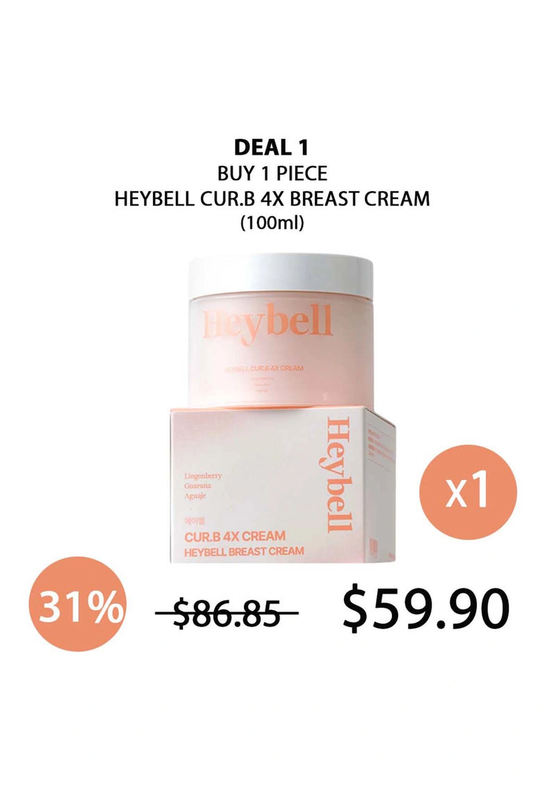 Heybell Curb 4x Breast Cream packaging with promotional text on a white background