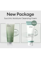 Two tubes of Anua cleansing foam with a glass on a white background, labeled 'New Package'.