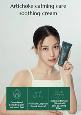 Woman holding a tube of artichoke calming care soothing cream with product features displayed.