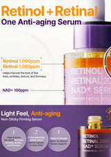 Purito Retinol + Retinal 20% NAD+ Serum bottle with a purple dropper cap, shown on a white background with promotional text highlighting 1,000ppm Retinol and NAD+ 100ppm.