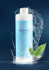 Aqua Peel solution bottle with water splash and leaves on a dark blue background