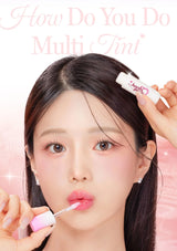 Woman applying a lip product with a brush labeled 'Jewel' against a pink background