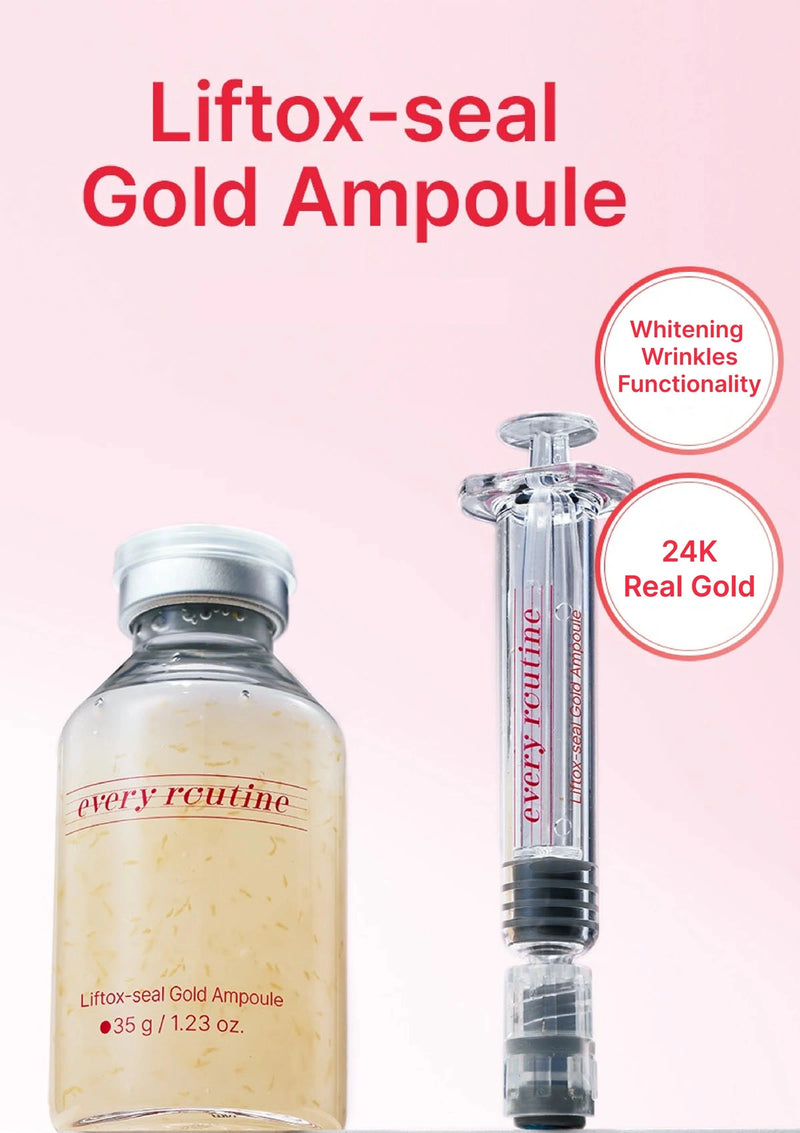 Liftox-seal Gold Ampoule bottle and syringe with 'every routine' branding on a pink background.