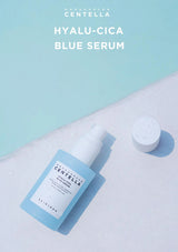 Skinceed Centella Hyalu-Cica Blue Serum bottle on a light blue background