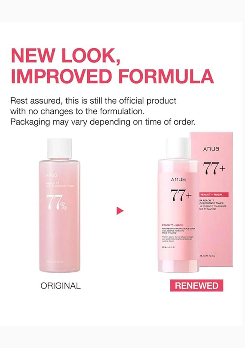 Comparison of an original and renewed skincare product packaging with text about new look and improved formula.