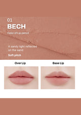 Lip color swatch with 'BEC' and application examples on lips.