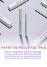 Merry Monde Super Twim makeup product with green applicator and pink cap on a light purple background.