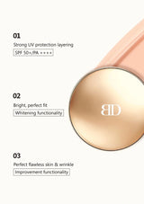 indicating the product features and benefits such as high coverage, moisturizing, and lightweight.