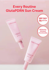 Two bottles of 'Every Routine GlutaPDRN Sun Cream' on a pink background with product details.