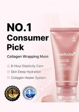 Collagen wrapping mask with branding and product features on a light pink background