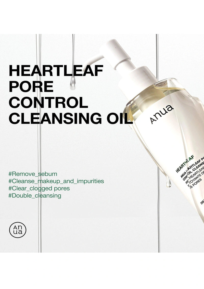 Anua Heartleaf Pore Control Cleansing Oil bottle on a white background with text about product benefits.