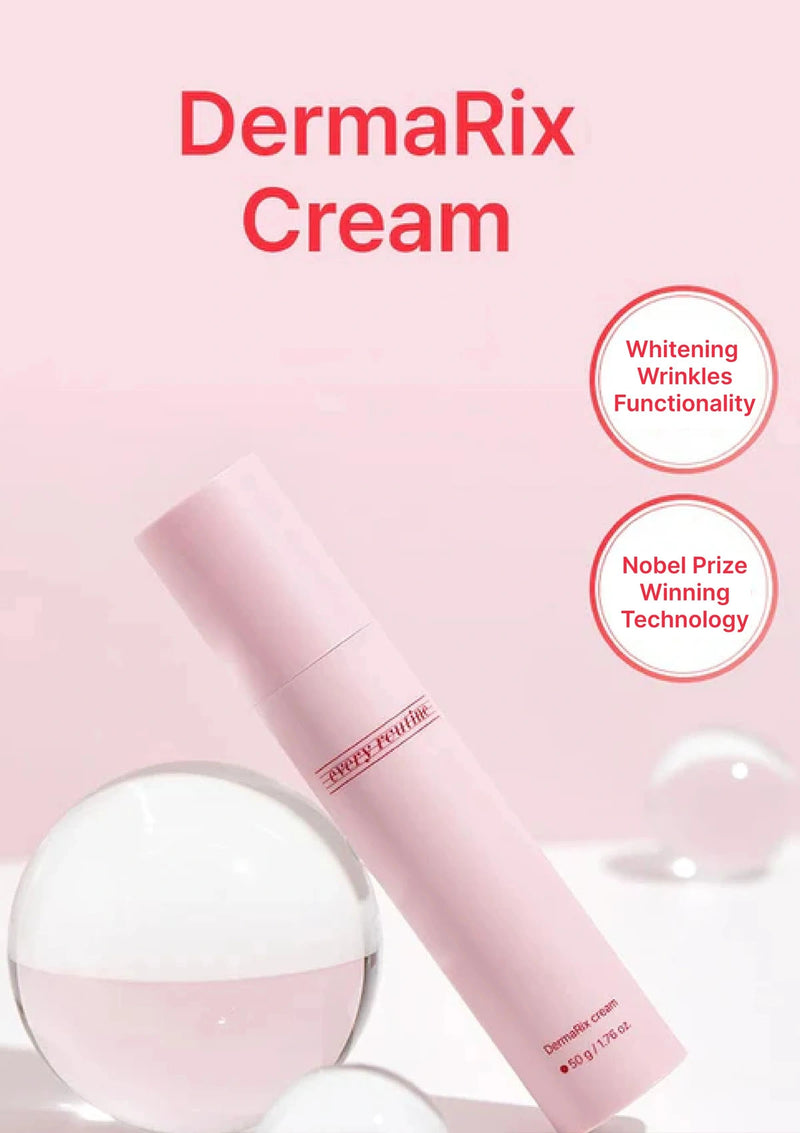 Pink DermaRix cream bottle on a pink background with text about whitening wrinkles and Nobel Prize-winning technology.