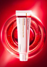 Madeca Cream tube on a red background with water droplets