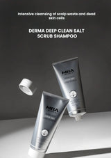 Two bottles of MBA Derma Deep Clean Salt Scrub Shampoo on a gray background with text about scalp care.