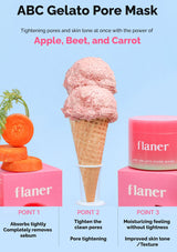 Flaner ABC Gelato Pore Mask with ice cream cone, carrots, and beetroot on a blue background