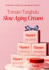 flaner Tomato Tanghulu Slow Aging Cream packaging on a pink background with text.
