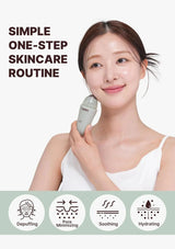 Woman using a skincare device with icons for skincare benefits on a white background