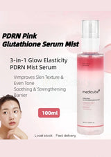 Medicube PDRN Pink Glutathione Serum Mist bottle with product details on a pink background