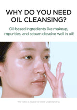 Woman applying oil to her face with text explaining oil cleansing benefits