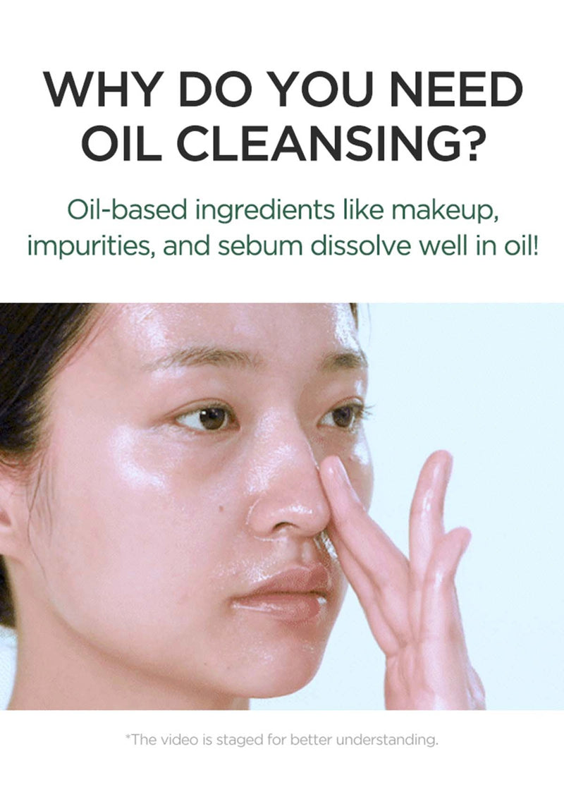 Woman applying oil to her face with text explaining oil cleansing benefits