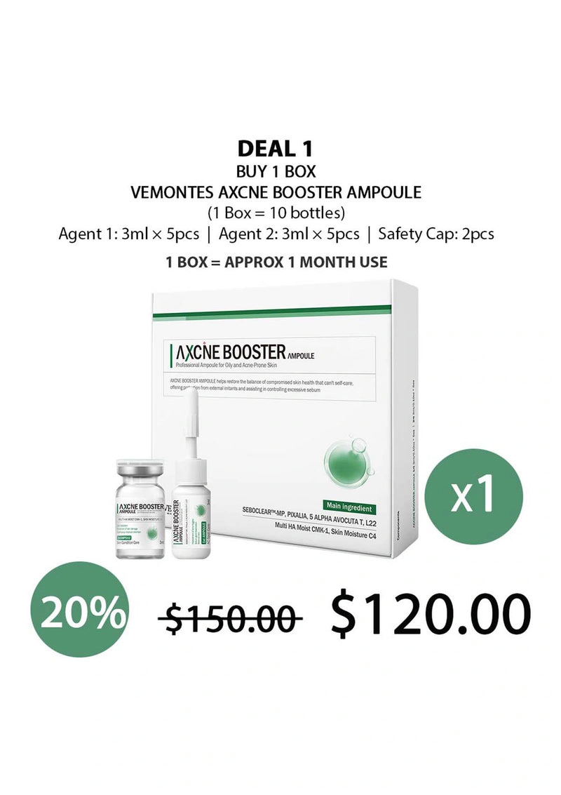 Vemonts Axcne Booster Ampoule packaging with pricing and deal information on a white background