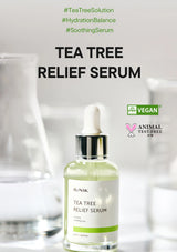 Tea tree relief serum bottle with dropper on a blurred background