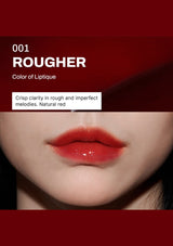 Close-up of lips with red lipstick on a dark red background, featuring the brand 'Liptique'.