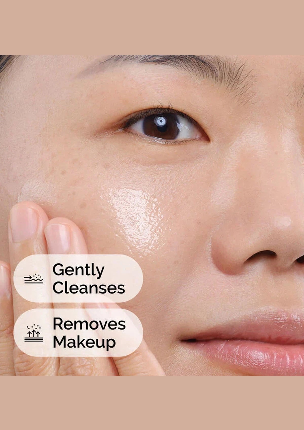 Close-up of a person's face with text indicating product features on a beige background