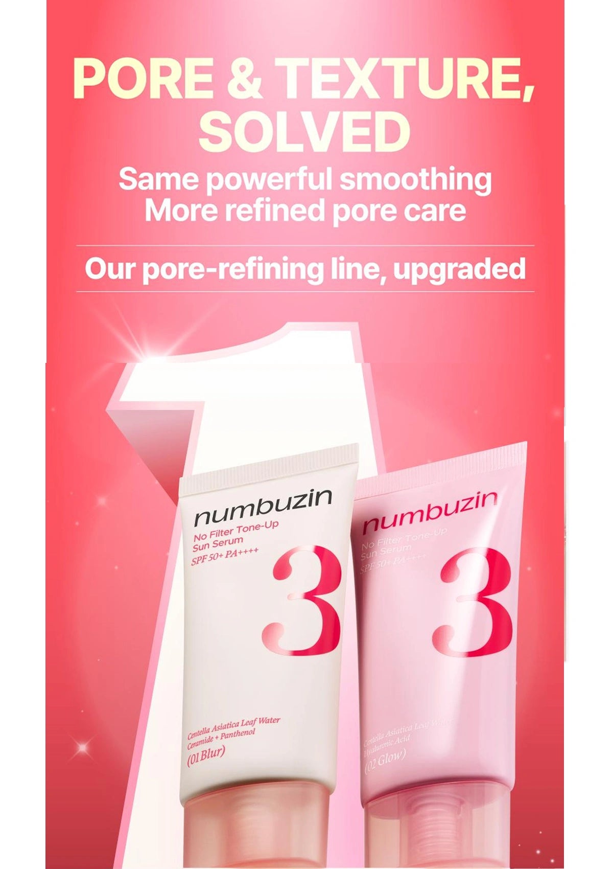 Two skincare products with 'numbuzin' branding on a pink background with text about pore refinement.