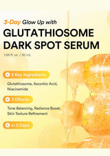 Promotional graphic for a 3-Day Glow Up with Glutathione Dark Spot Serum, featuring large black text on a pale yellow background with a close-up photo of amber/orange serum droplets dripping into a bottle. Bullet points mention key ingredients and three effects in 3 days.