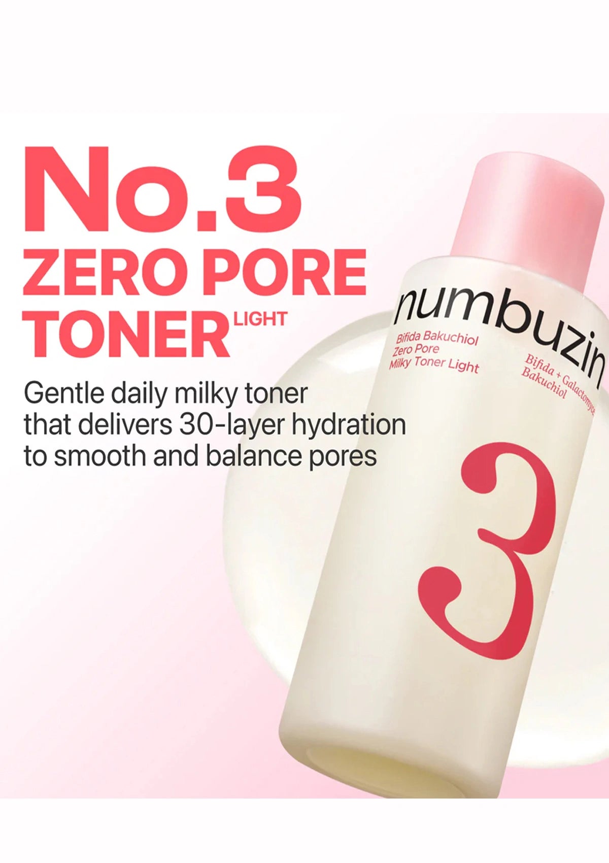 Numbuzin No. 3 Zero Pore Toner Light bottle shown on a soft pink and white background with promotional text.