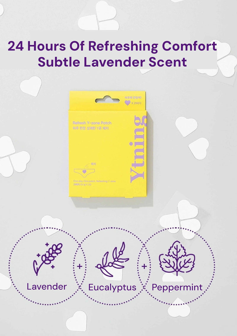 Yellow package of Yuting face patch with lavender, eucalyptus, and peppermint scents on a light gray background.