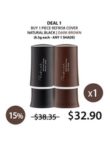 Woman using a hair dryer with text about drying time and product scent, featuring a white flower.