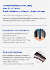Product description for a scalp tattoo with SSR Complex (H) and black food extracts on a white background.