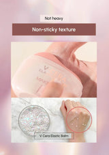 V Cera Elastic Balm with a hand holding it and a close-up of the balm on skin.