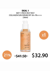 VELY VELY collagen sun serum bottle with promotional text on a white background