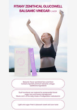 Fitany Zenithcal Glucowell Balsamic Vinegar packaging with a person exercising outdoors.