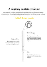 Sanitary container design with features highlighted on a white background